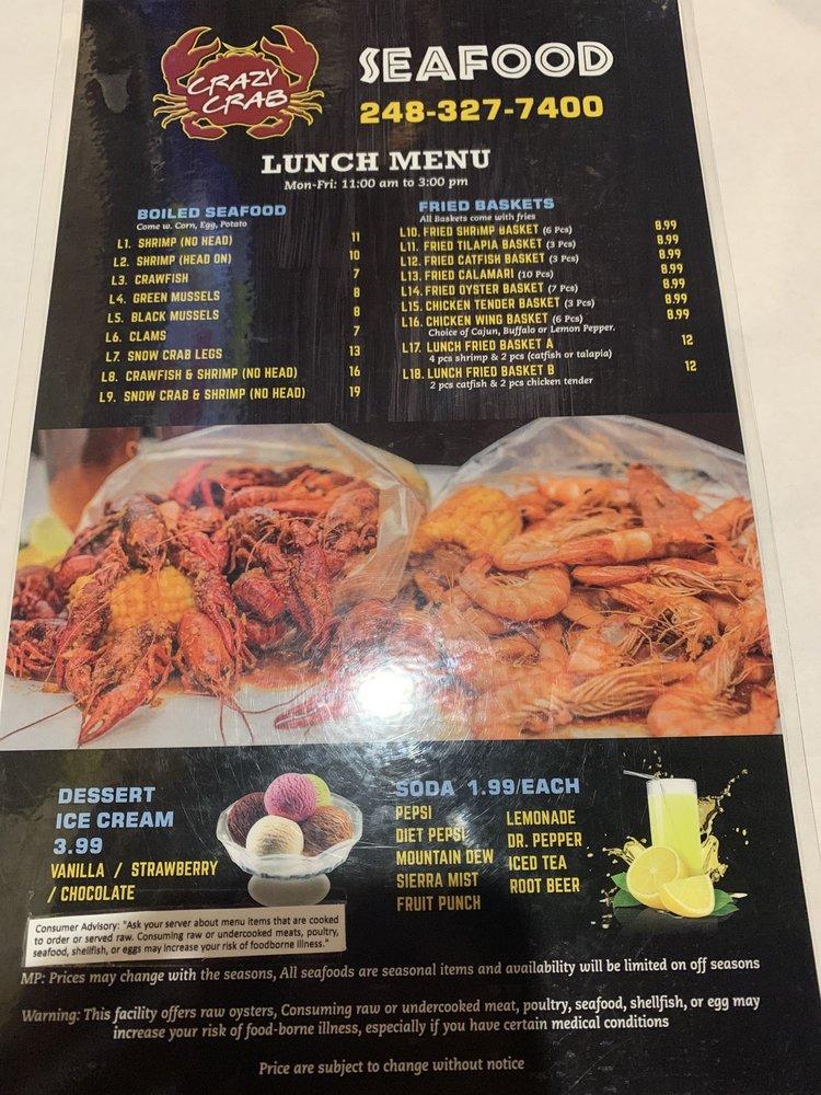 Menu at Crazy Crab restaurant, Southfield