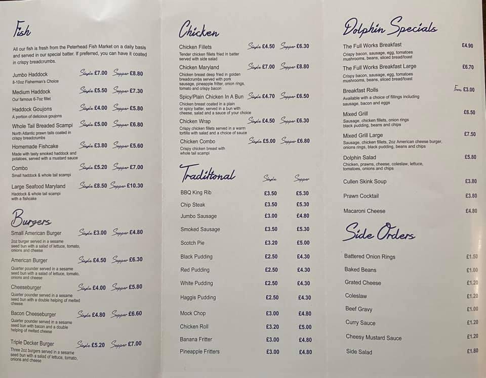 Menu at Dolphin Cafe, Peterhead