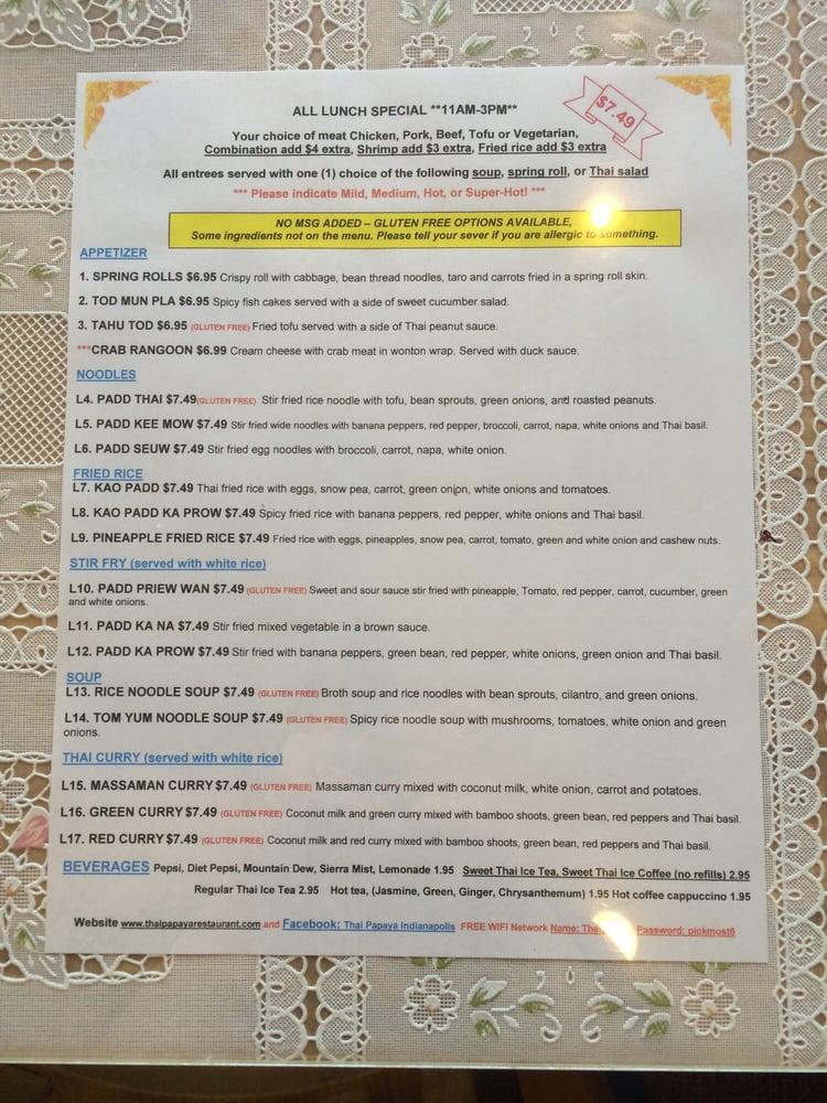 Menu at Thai Papaya Restaurant, Indianapolis, W 96th St Suite 1000