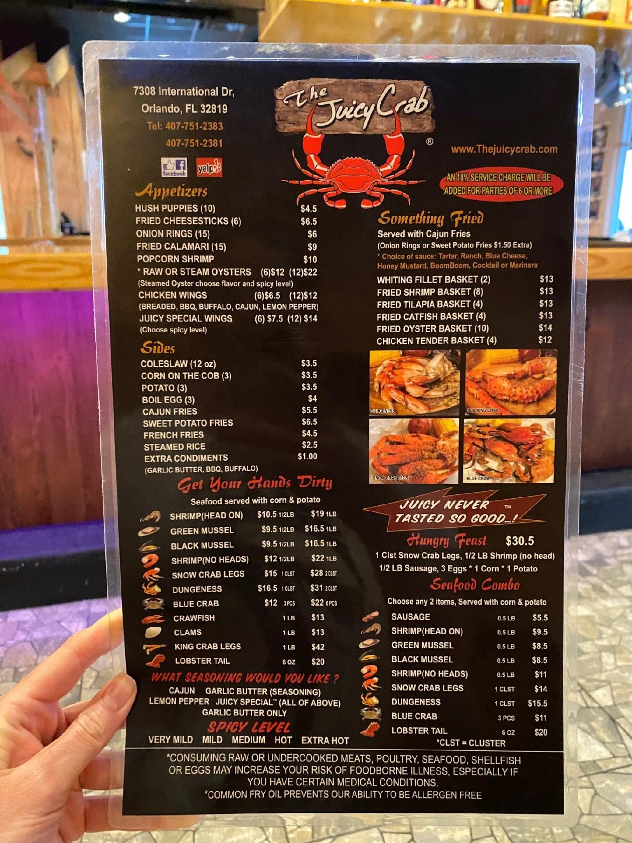 Menu at The Juicy Crab restaurant, Orlando, International Dr