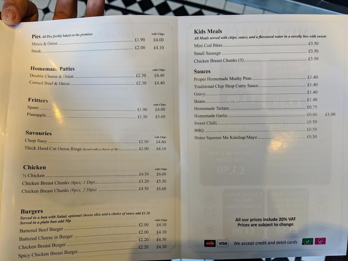 Menu at Fenham Fish Bar, Newcastle upon Tyne, 21 Stamfordham Rd