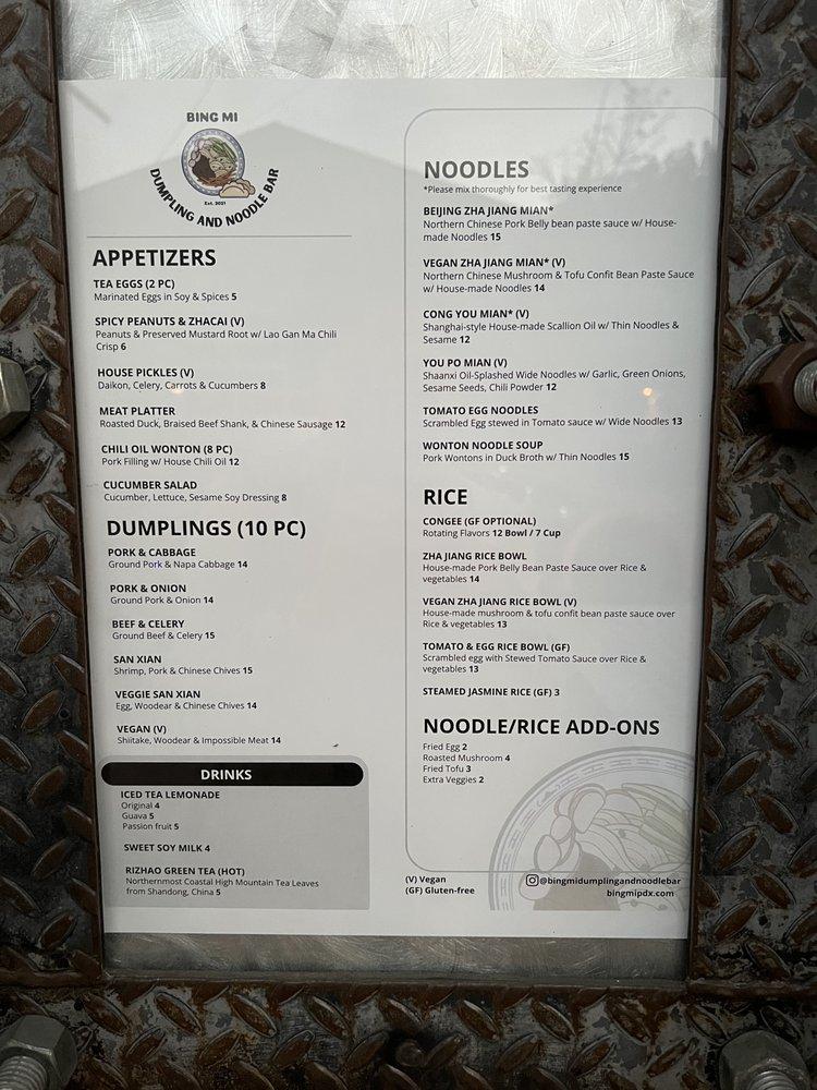 Menu at Bing Mi Dumpling and Noodle Bar, Portland