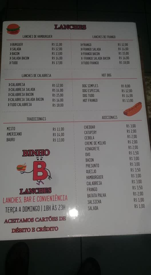 Binho Lanches cardápio