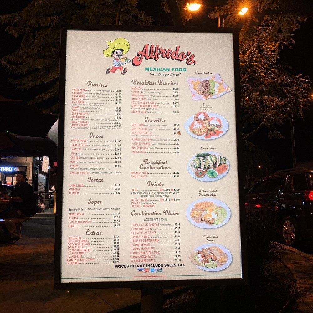 Menu at Alfredo's Mexican Food restaurant, Bell Gardens, Eastern Ave