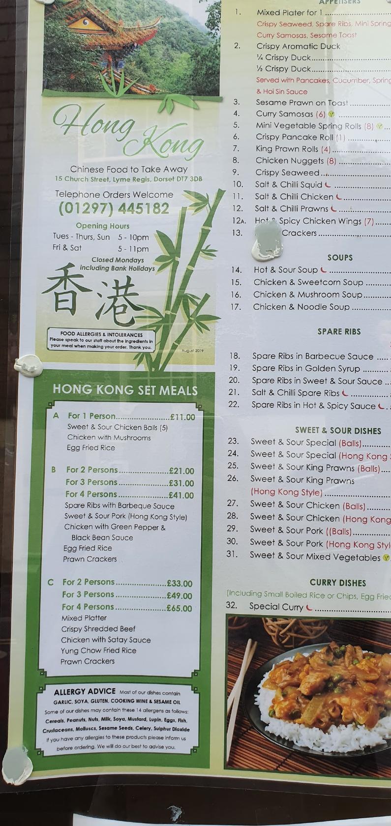 Menu at Hong Kong Chinese fast food, Lyme Regis