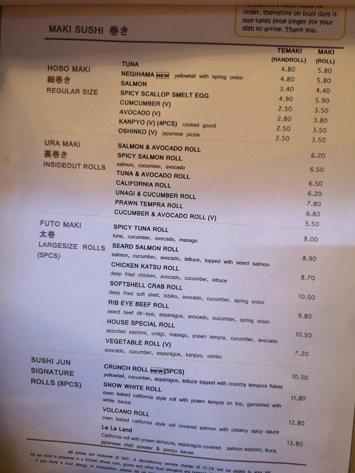 Menu at Sushi Jun restaurant, Farnham
