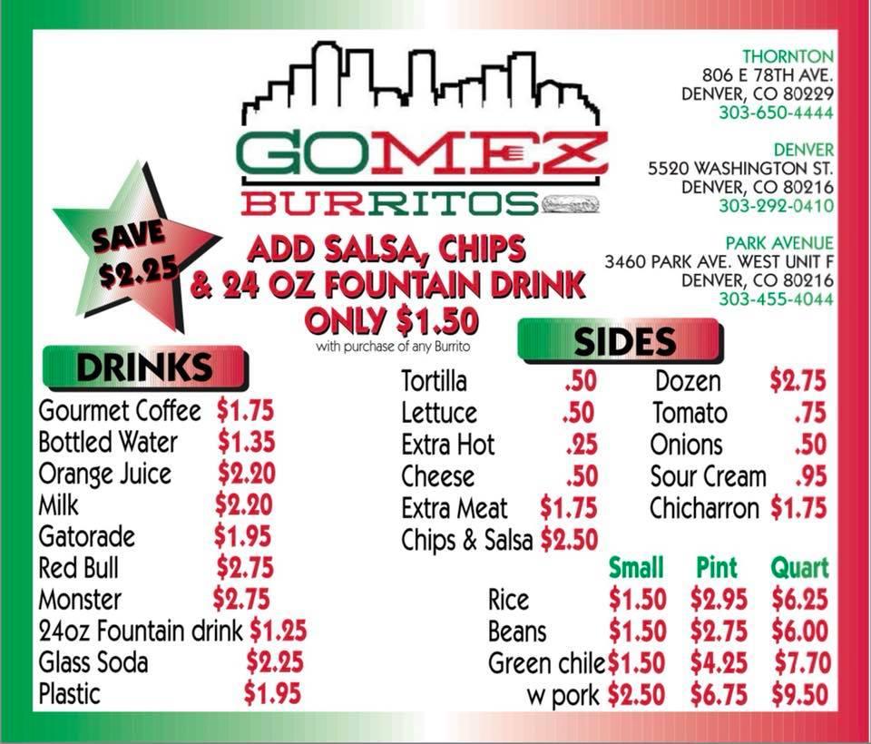Menu at Gomez Burritos restaurant, Denver, Washington St
