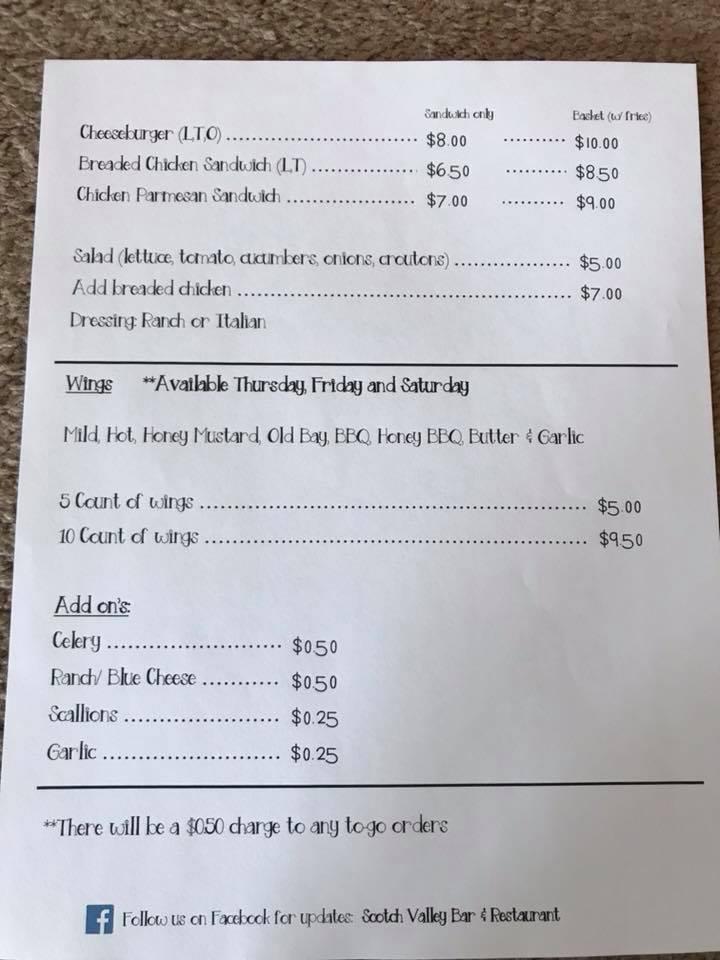 Menu at Scotch Valley Restaurant, USA