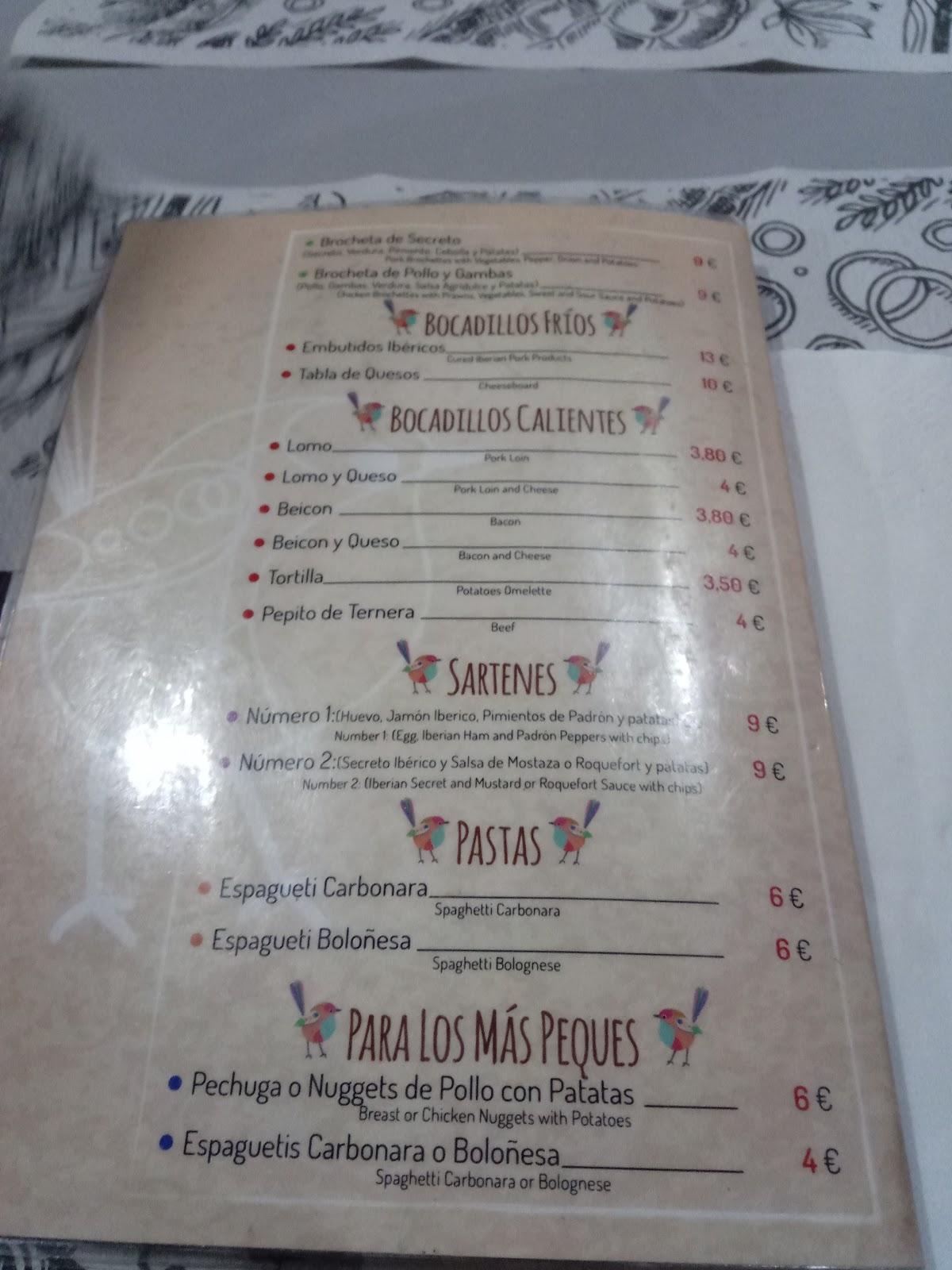 Carta del pub y bar El Pajarito, Cacabelos