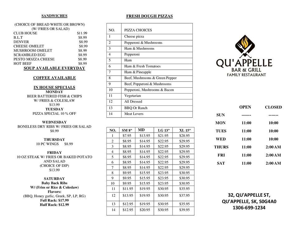 Menu at Qu'Appelle Bar & Grill (Family Restaurant), Qu'Appelle