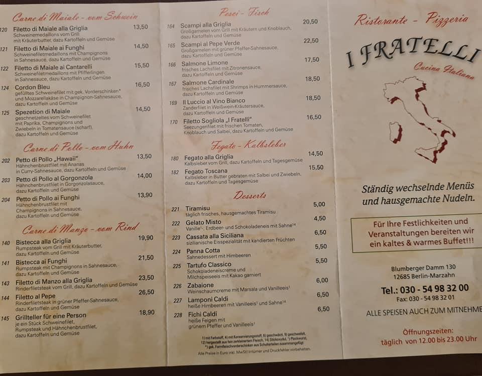 Speisekarte von Ristorante i Fratelli restaurant, Berlin