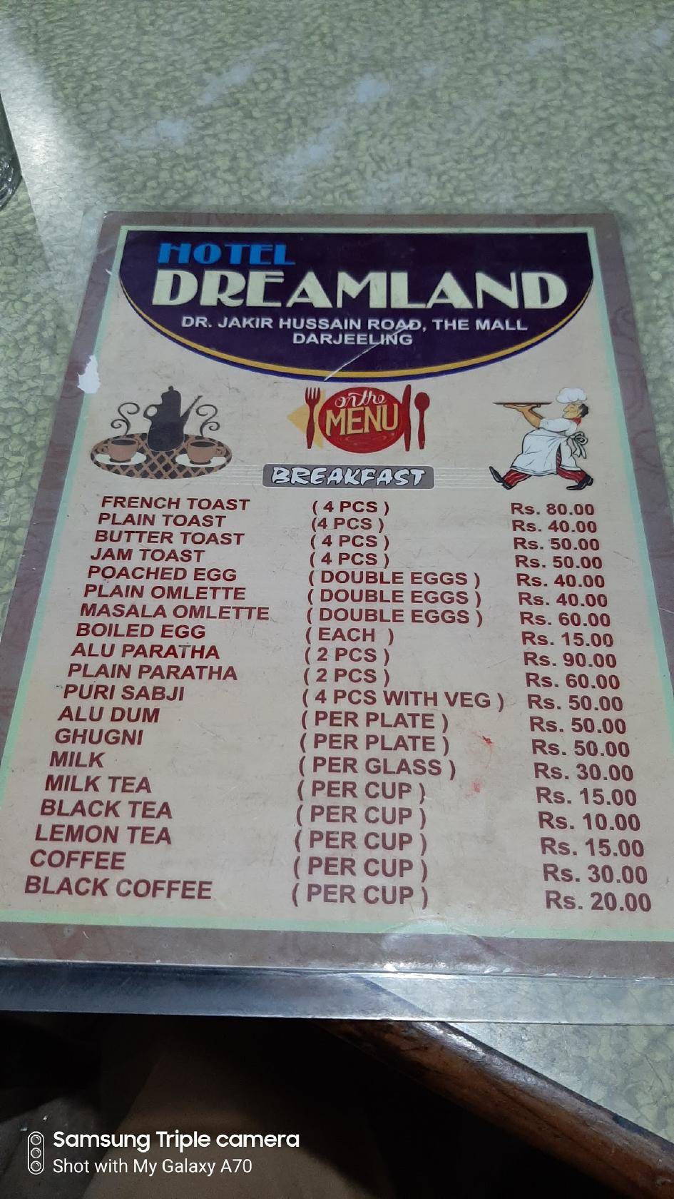 Menu at Dreamland Hotel & Restaurant, Darjeeling