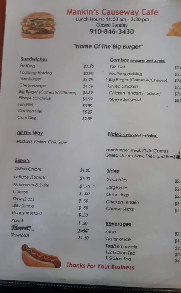 Menu at Mankins Causeway Cafe, Holden Beach