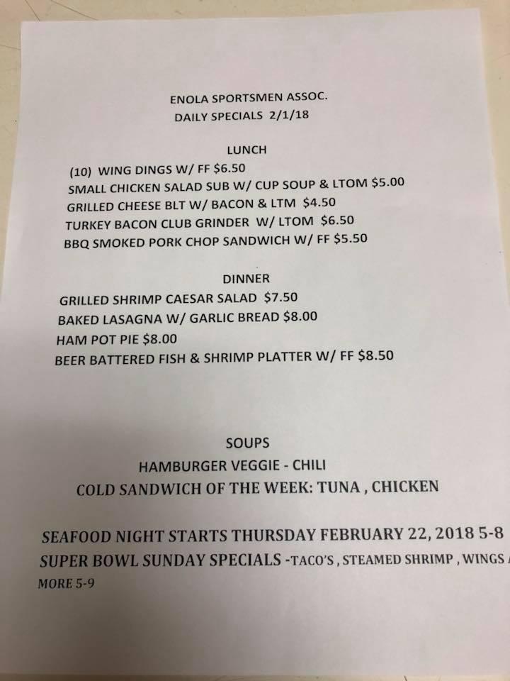 Menu at Enola Sportsmen's Club, Enola