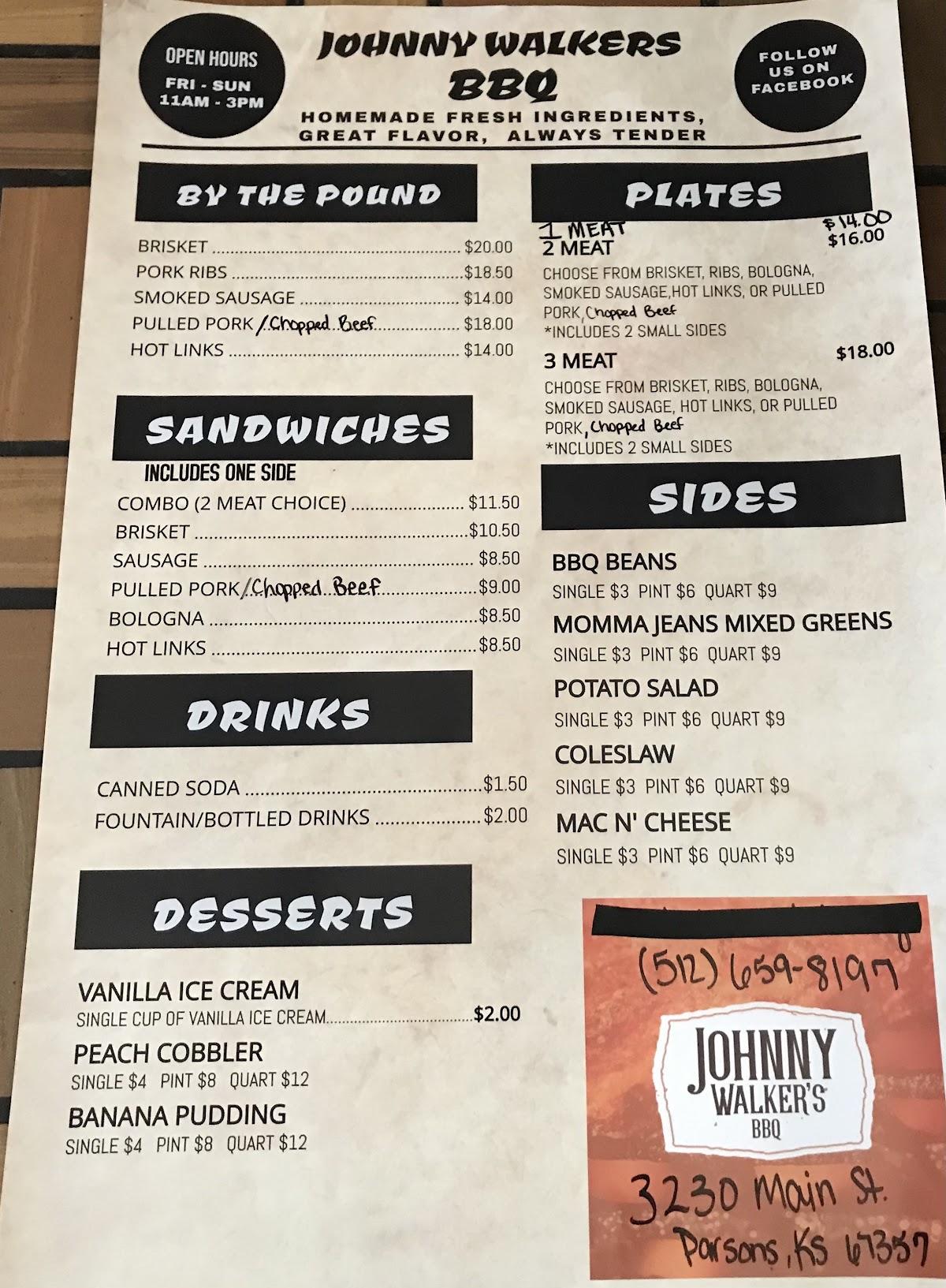 Menu at Johnny Walker’s BBQ, Parsons