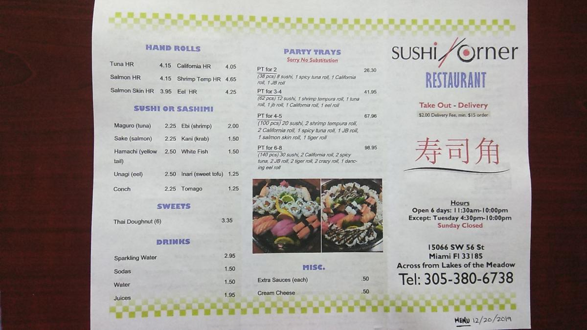 Menu at Sushi Corner Sushi Restaurant, Kendall West