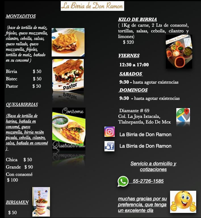 Carta del restaurante La Birria del Don Ramón, Tlalnepantla