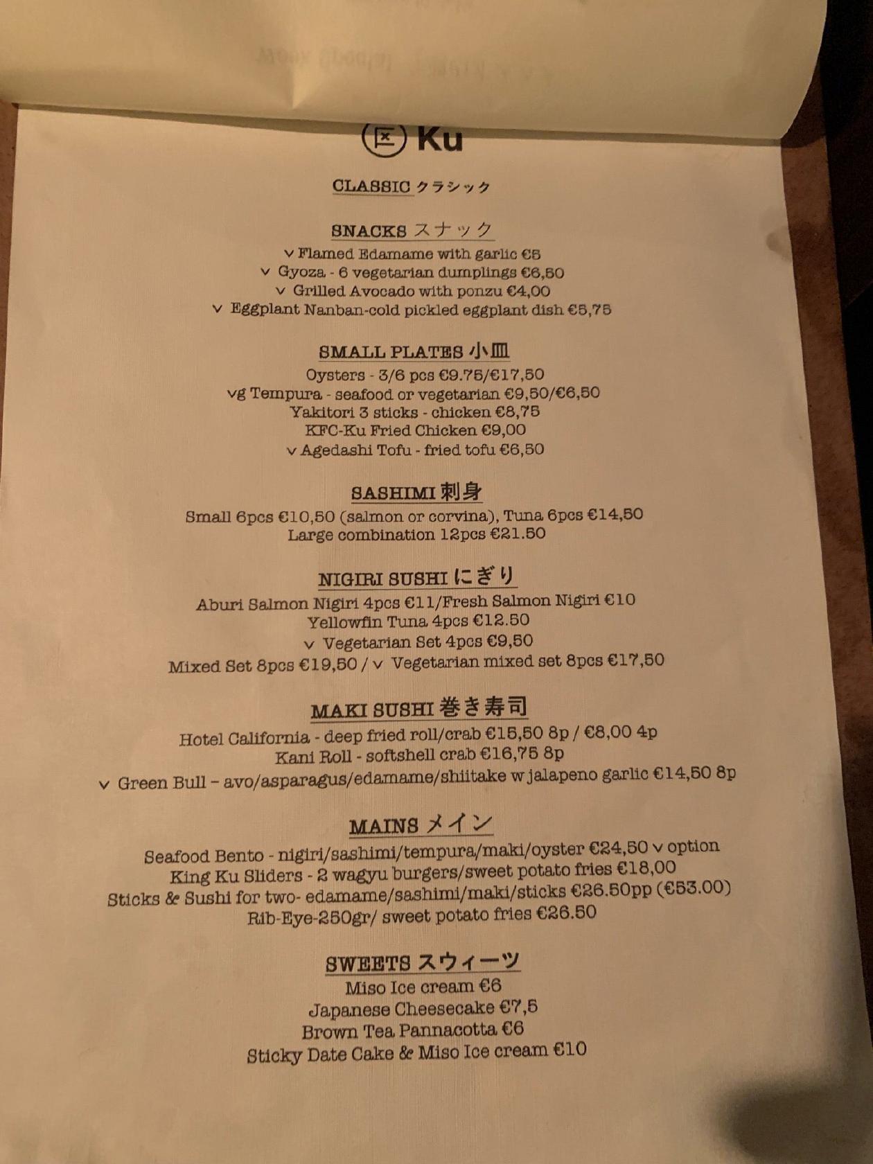 Menu at Ku Kitchen & Bar, Amsterdam