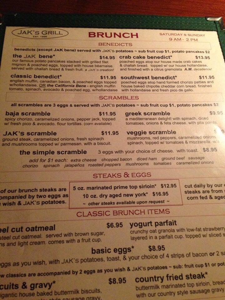Menu at Jak's Grill steakhouse, Seattle, California Ave SW