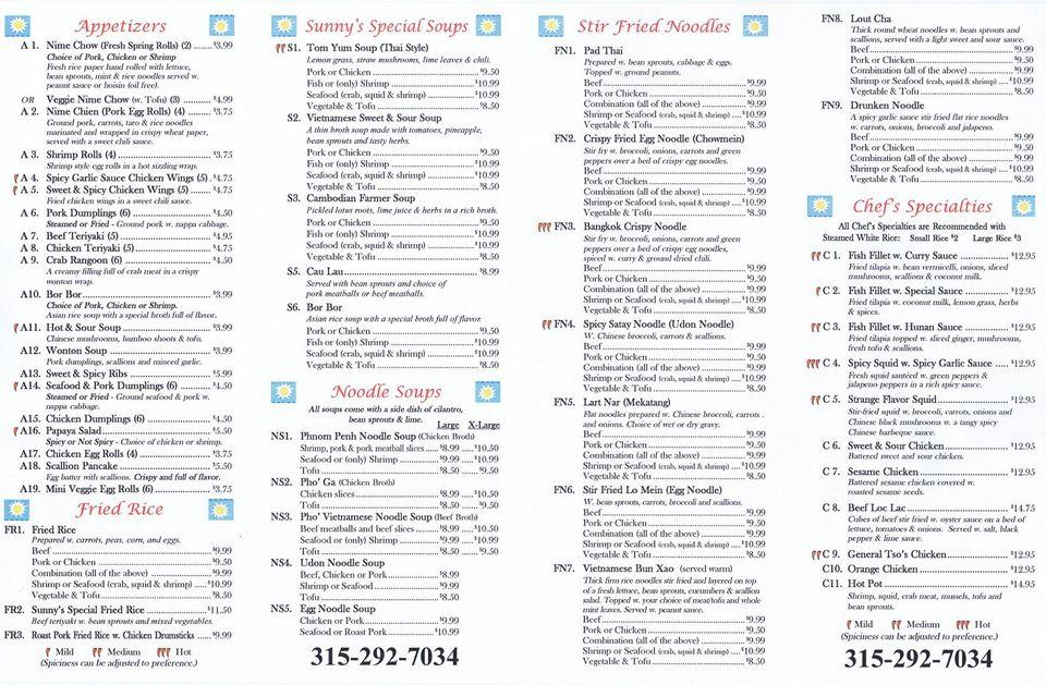 Menu at Sunny restaurant, Utica
