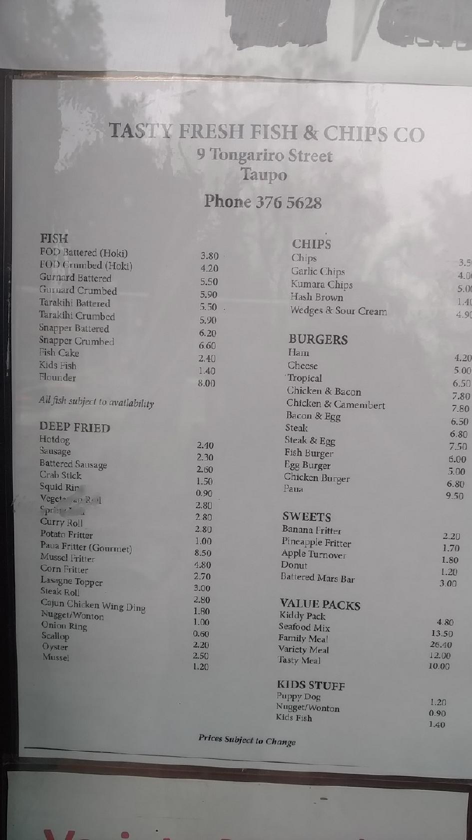 Menu at Tasty Fish and Chips restaurant, Taupo