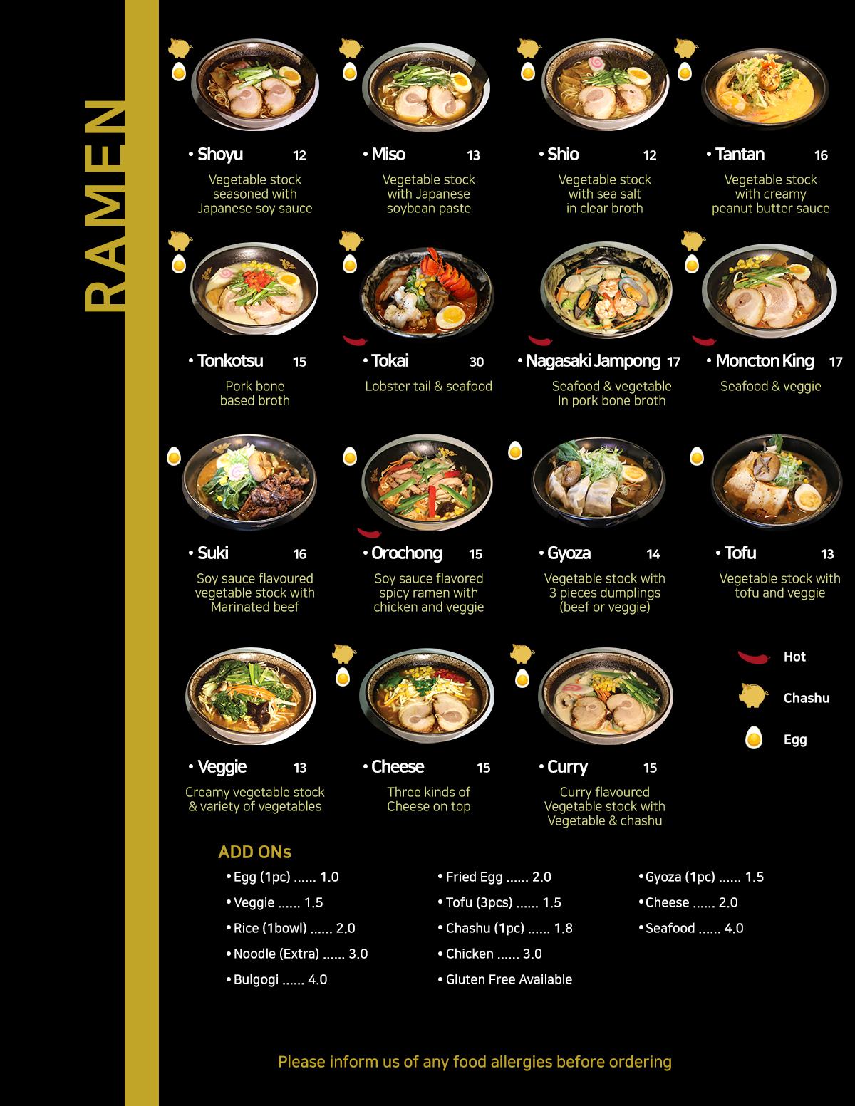 Menu at Tokai Ramen restaurant, Moncton