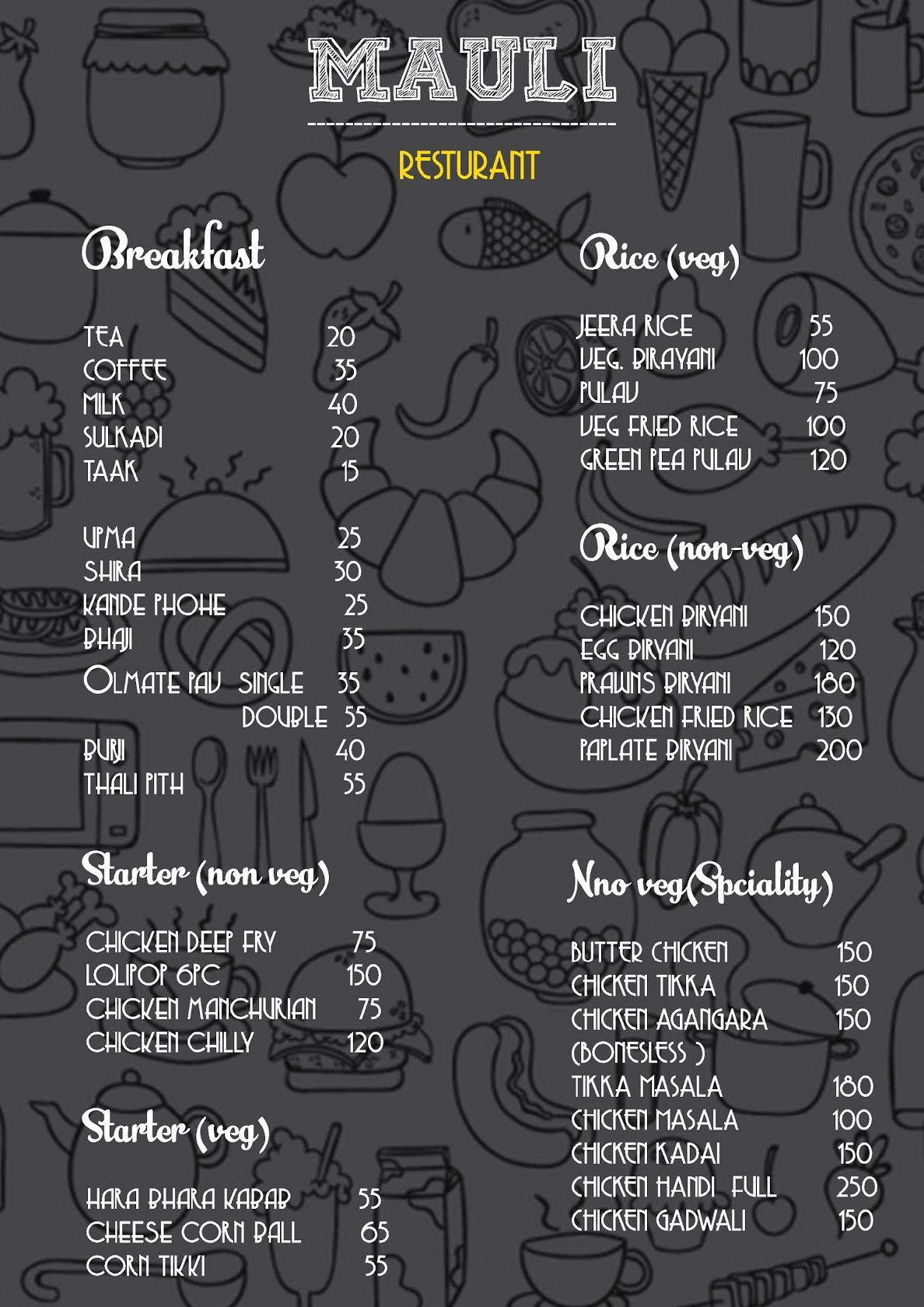 mauli restaurant menu