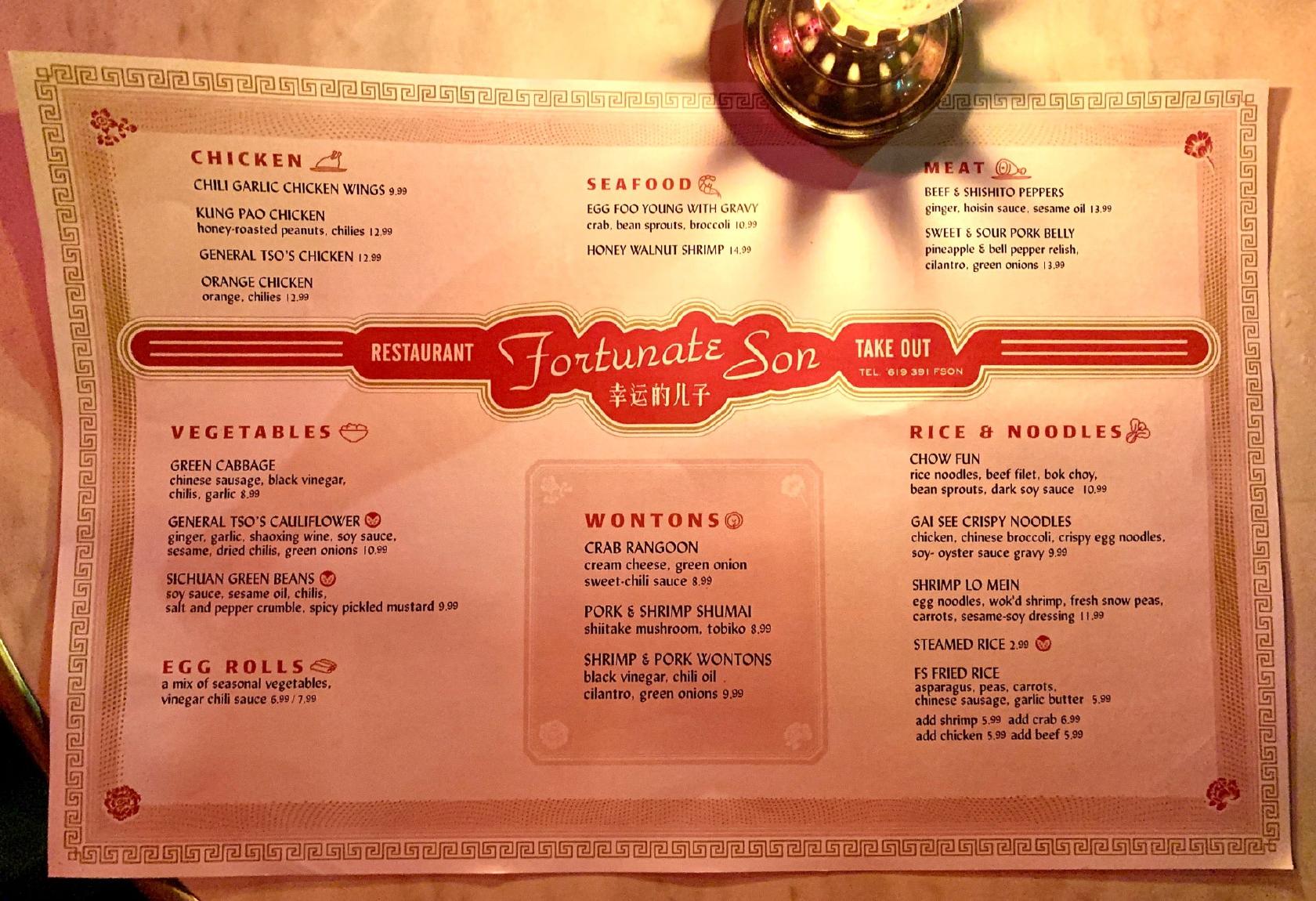 Menu at Fortunate Son Chinese restaurant, San Diego