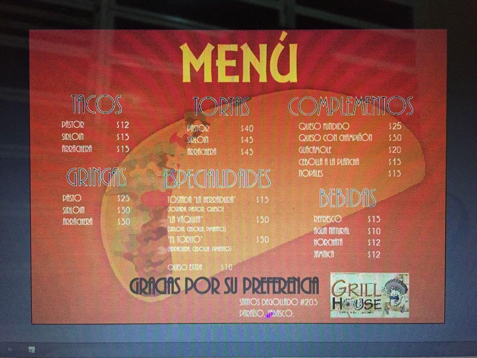 Menu at Grill House restaurant, Paraíso, Santos Degollado 203