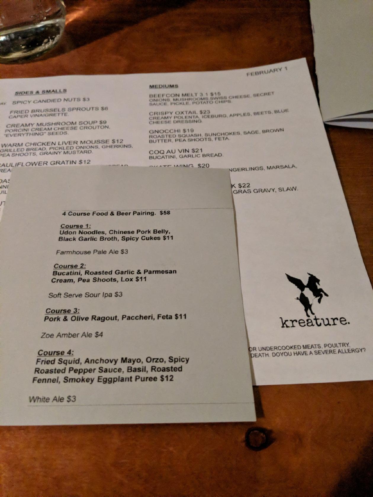 Menu at Liquids and Solids at the Handlebar, Lake Placid
