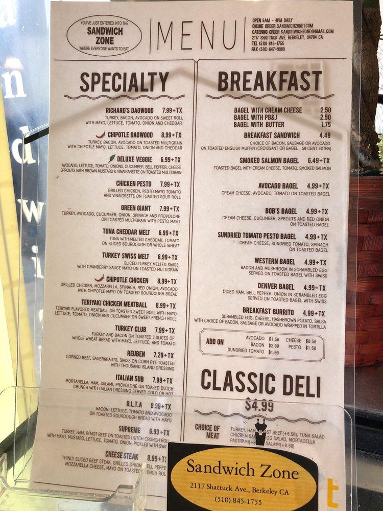 Menu at Sandwich Zone, Berkeley