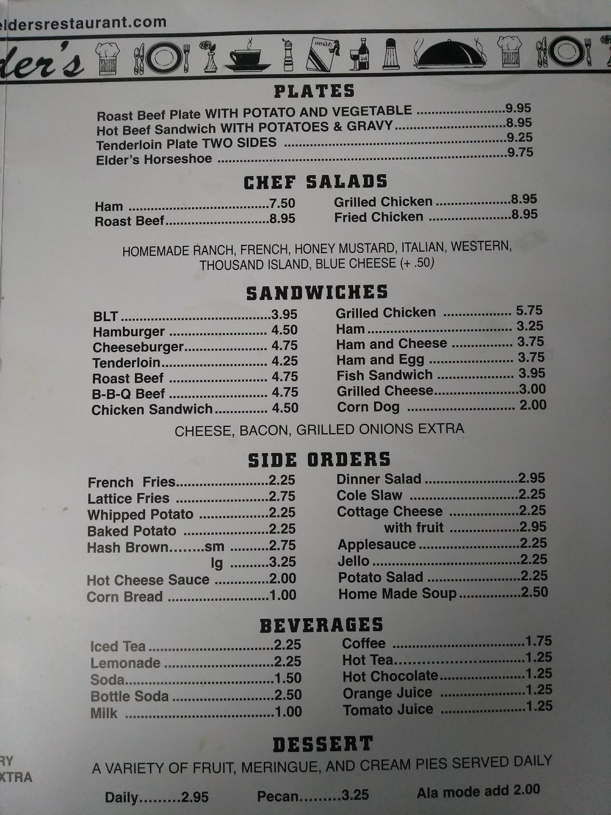 Menu at Elder's Family Restaurant, Quincy