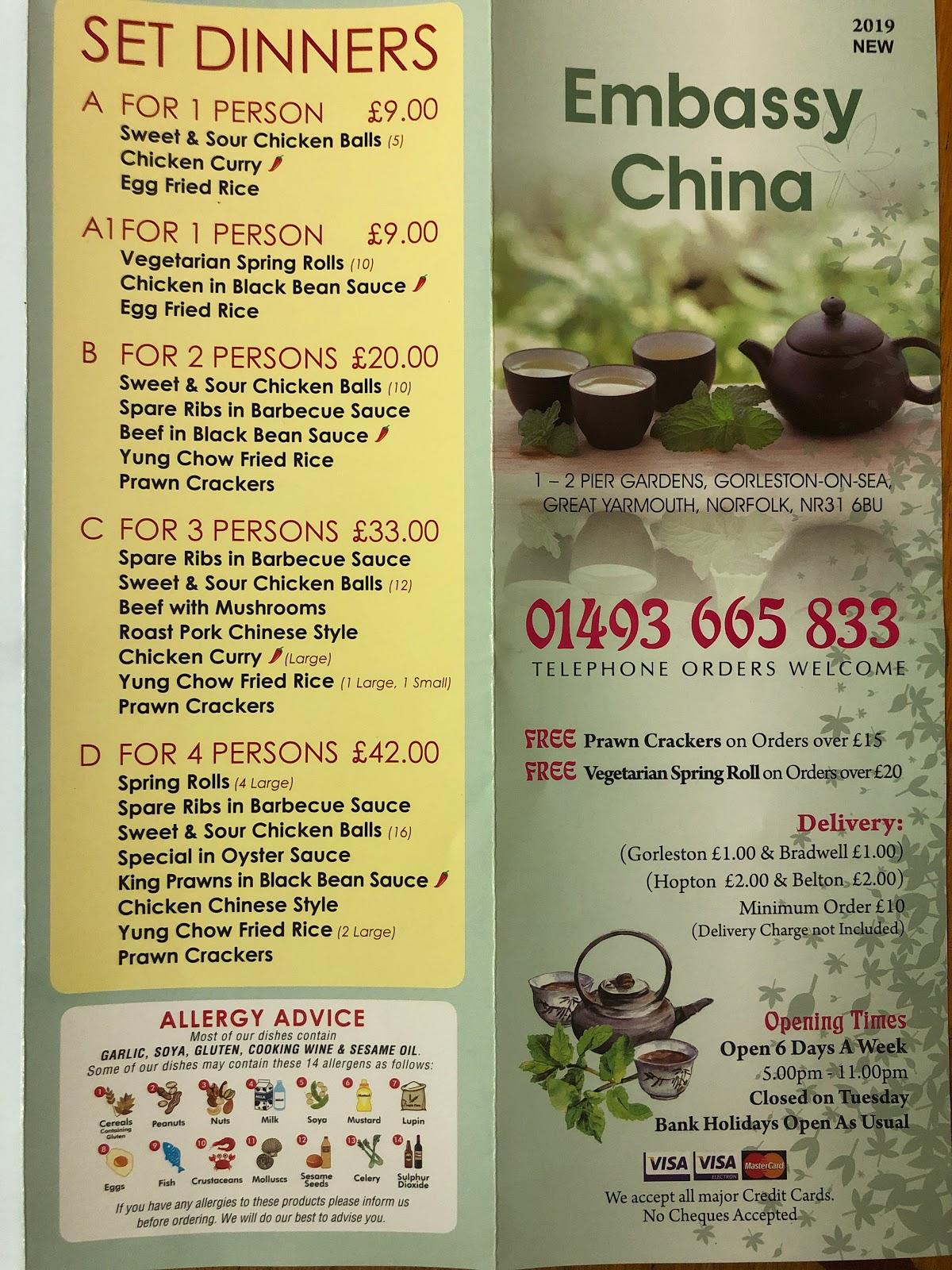 Menu at Embassy China restaurant, Great Yarmouth
