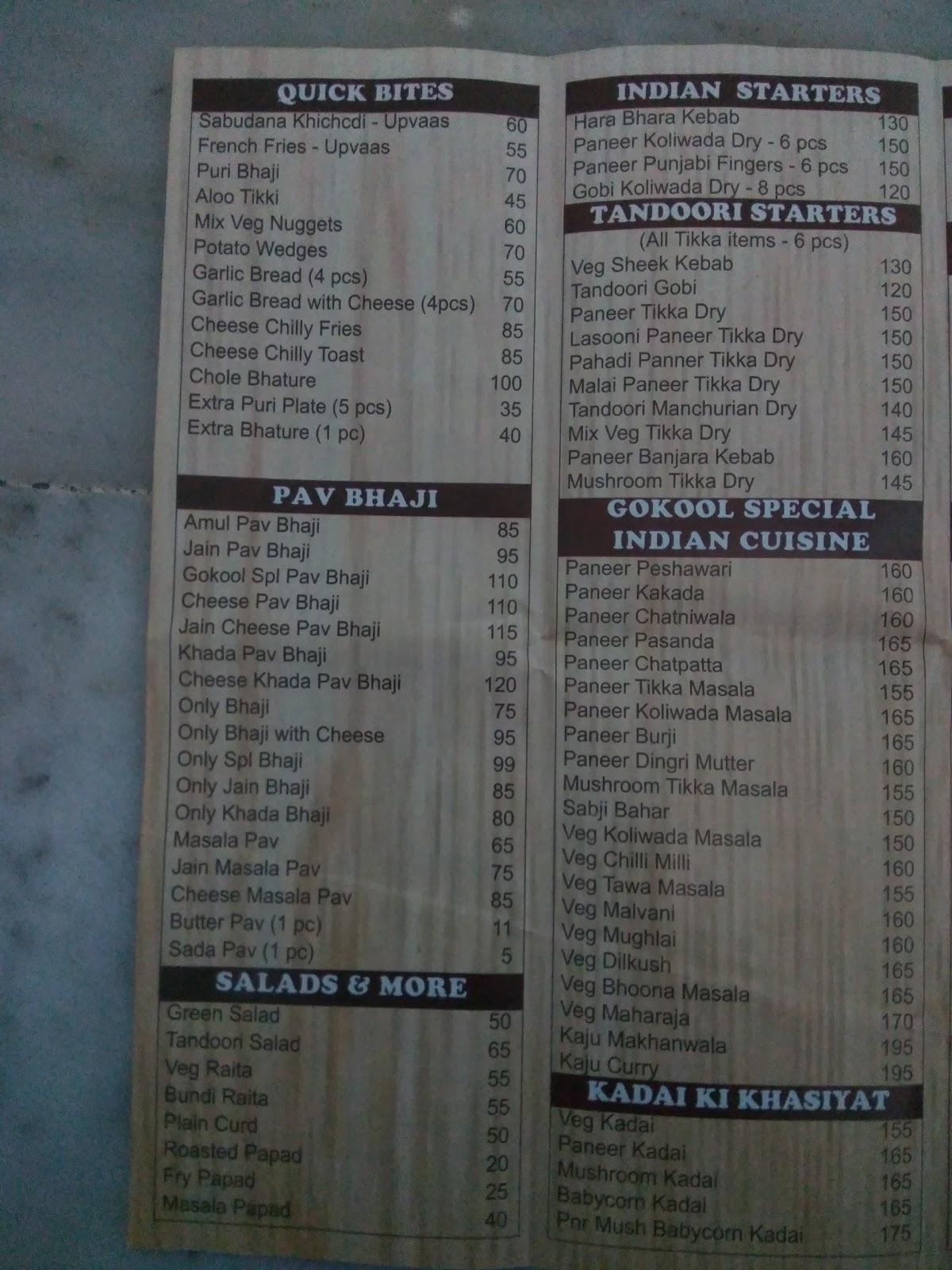 Menu at Gokul Veg Restaurant, Navi Mumbai, Shop No.8-14