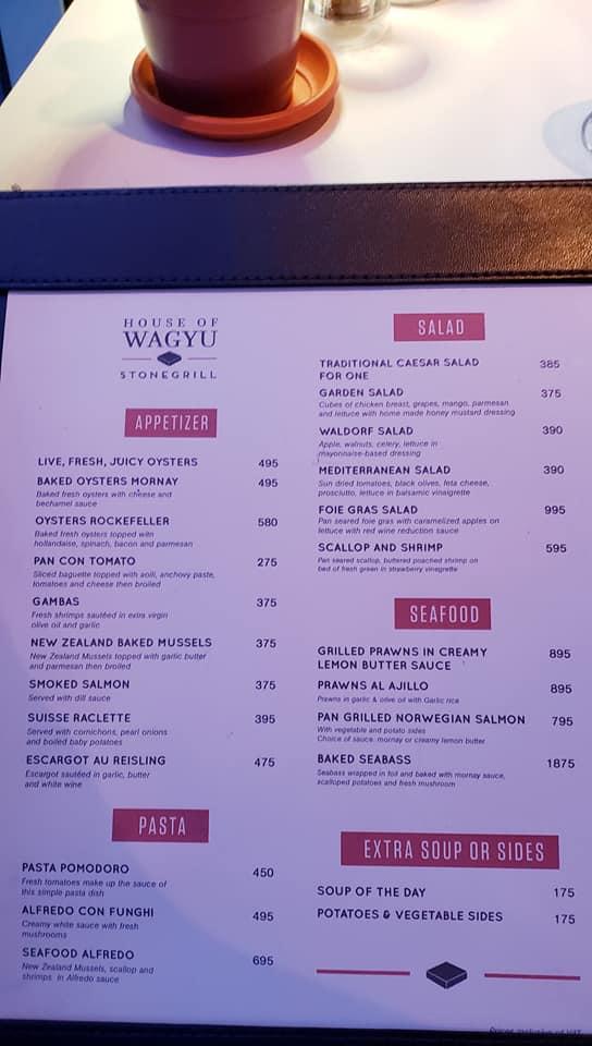 Menu at House of Wagyu Stone Grill steakhouse, Pasay