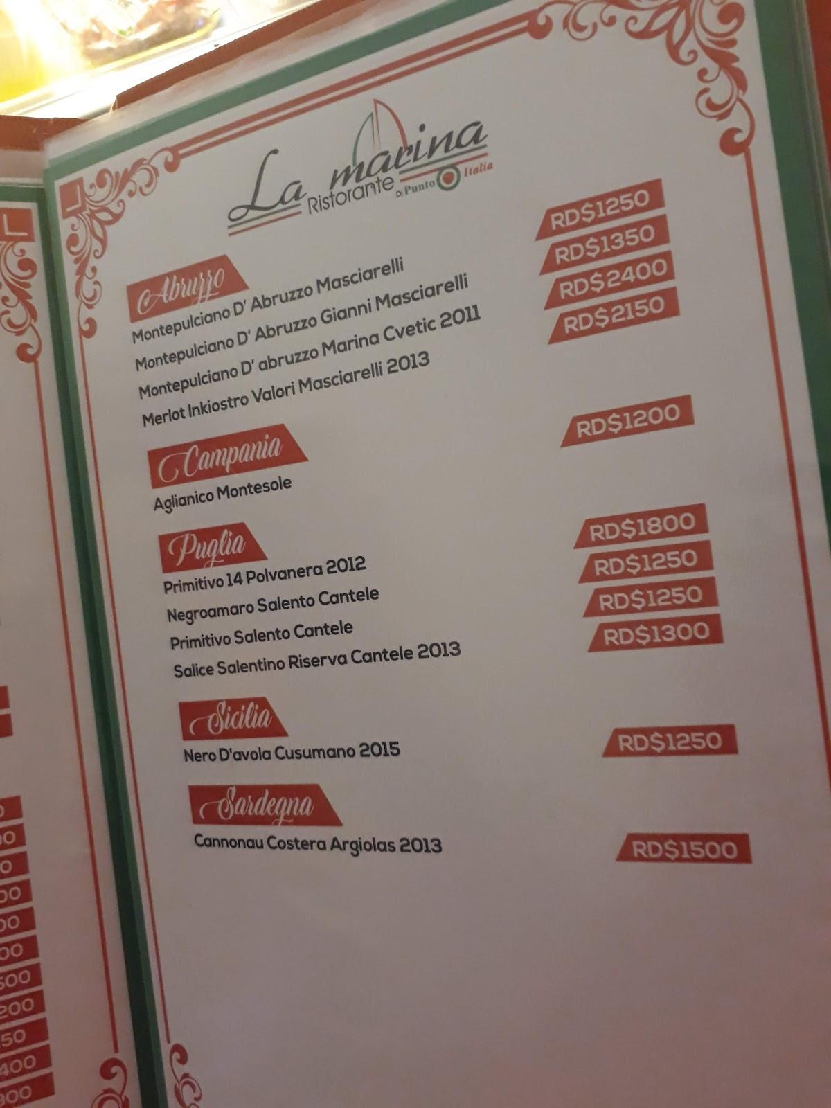 Menu at Punto Italia La Marina restaurant, Santo Domingo Este, F4HC+654