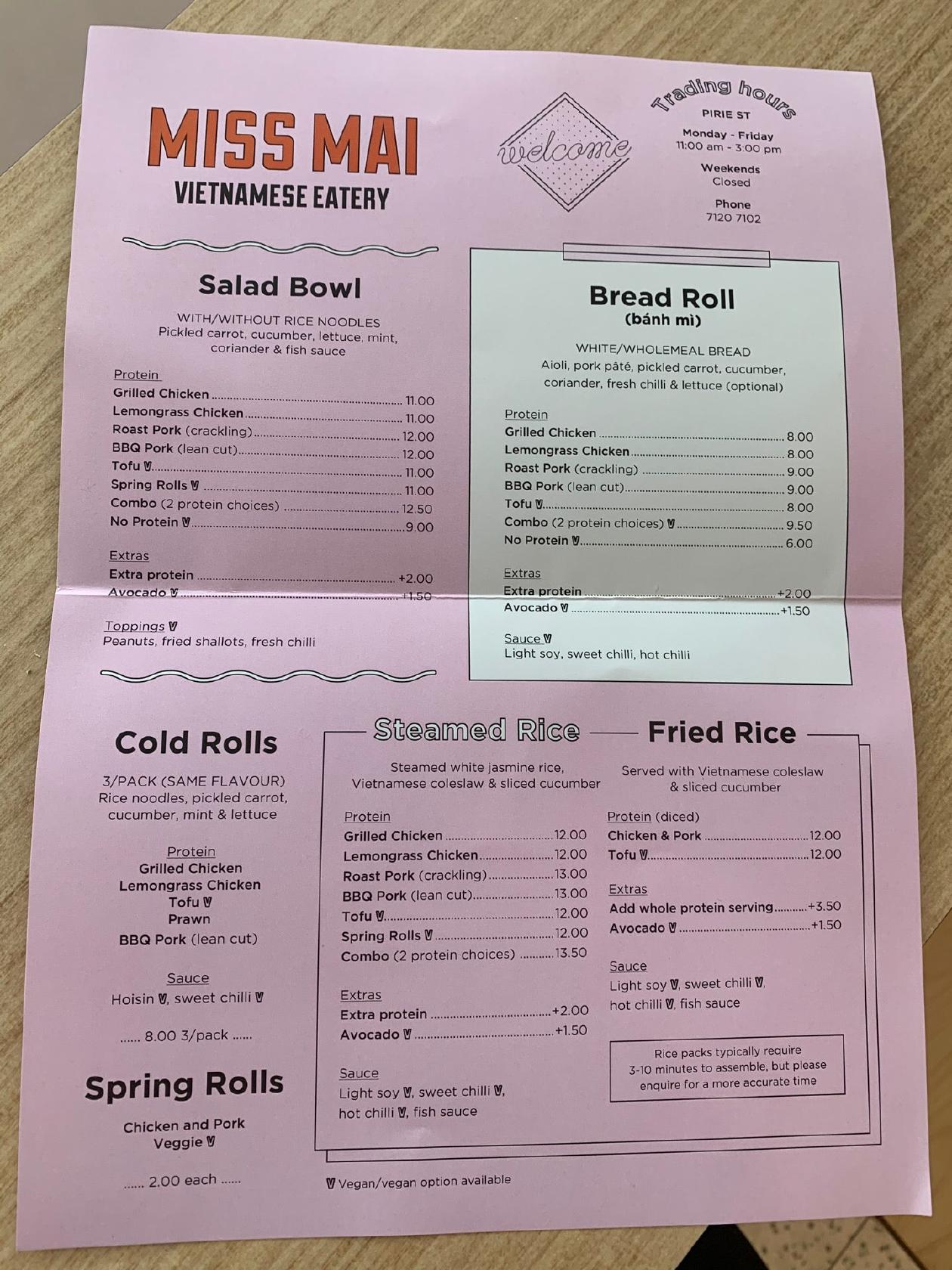 Menu at Miss Mai restaurant, Adelaide, Pirie Street