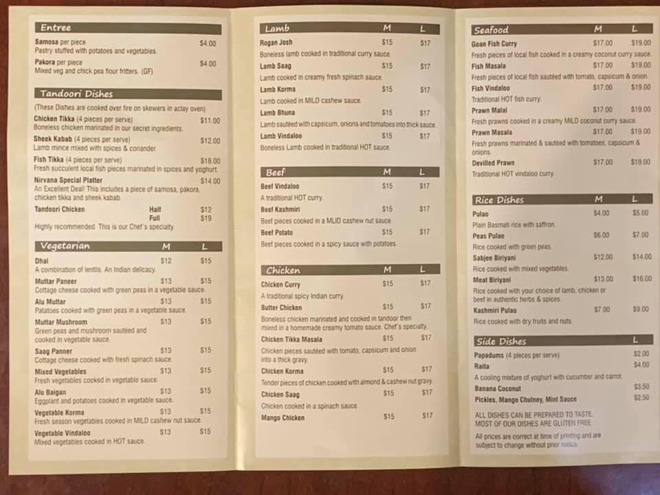 Menu at Nirvana Indian Cuisine restaurant, Huonville