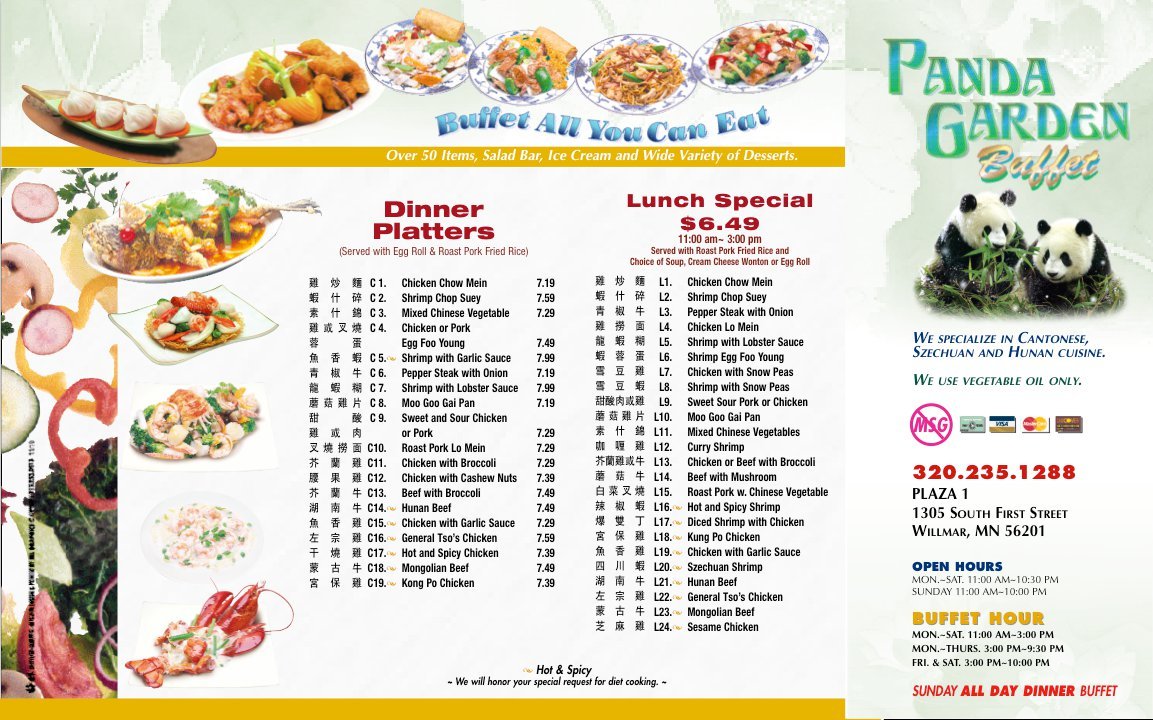 Menu at Panda Garden Buffet restaurant, Willmar