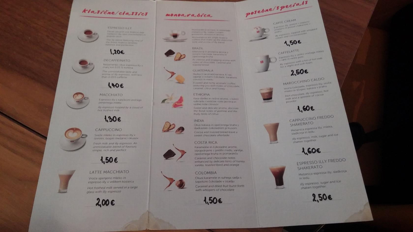 Menu at Plato restaurant, Ljubljana