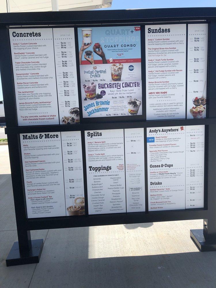 Menu at Andy's Frozen Custard desserts, Greer