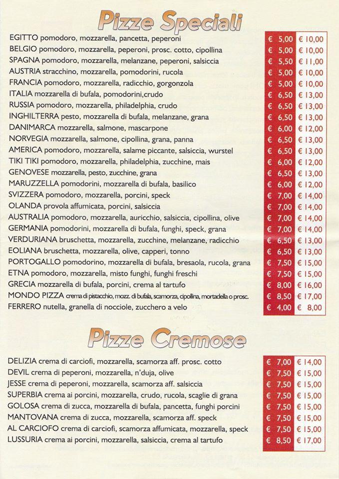 Menu at mondo pizza pizzeria, Catania