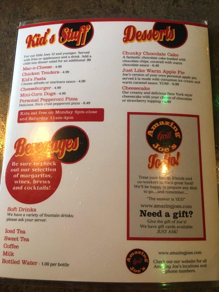 Menu at Amazing Joe's Grill restaurant, Muncie