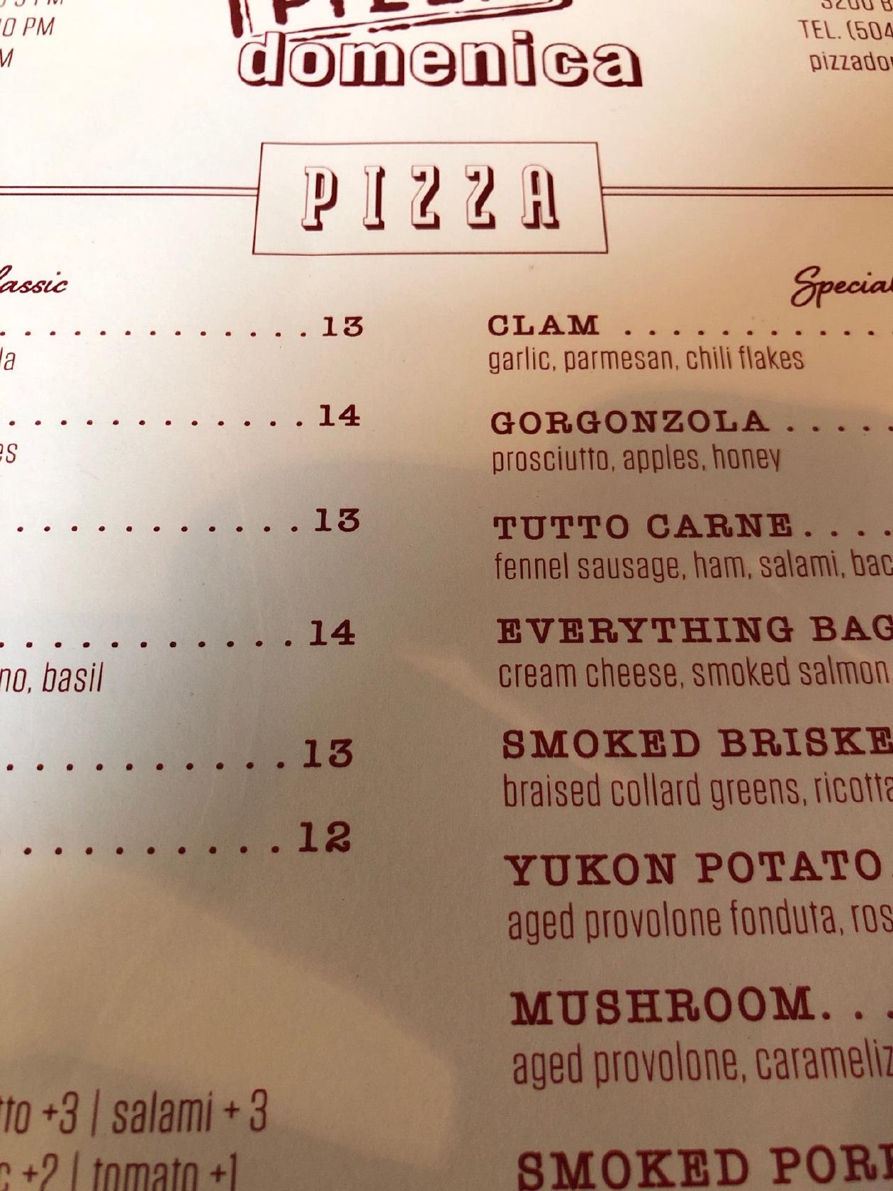 Menu at PIZZA domenica pizzeria, New Orleans, Banks St