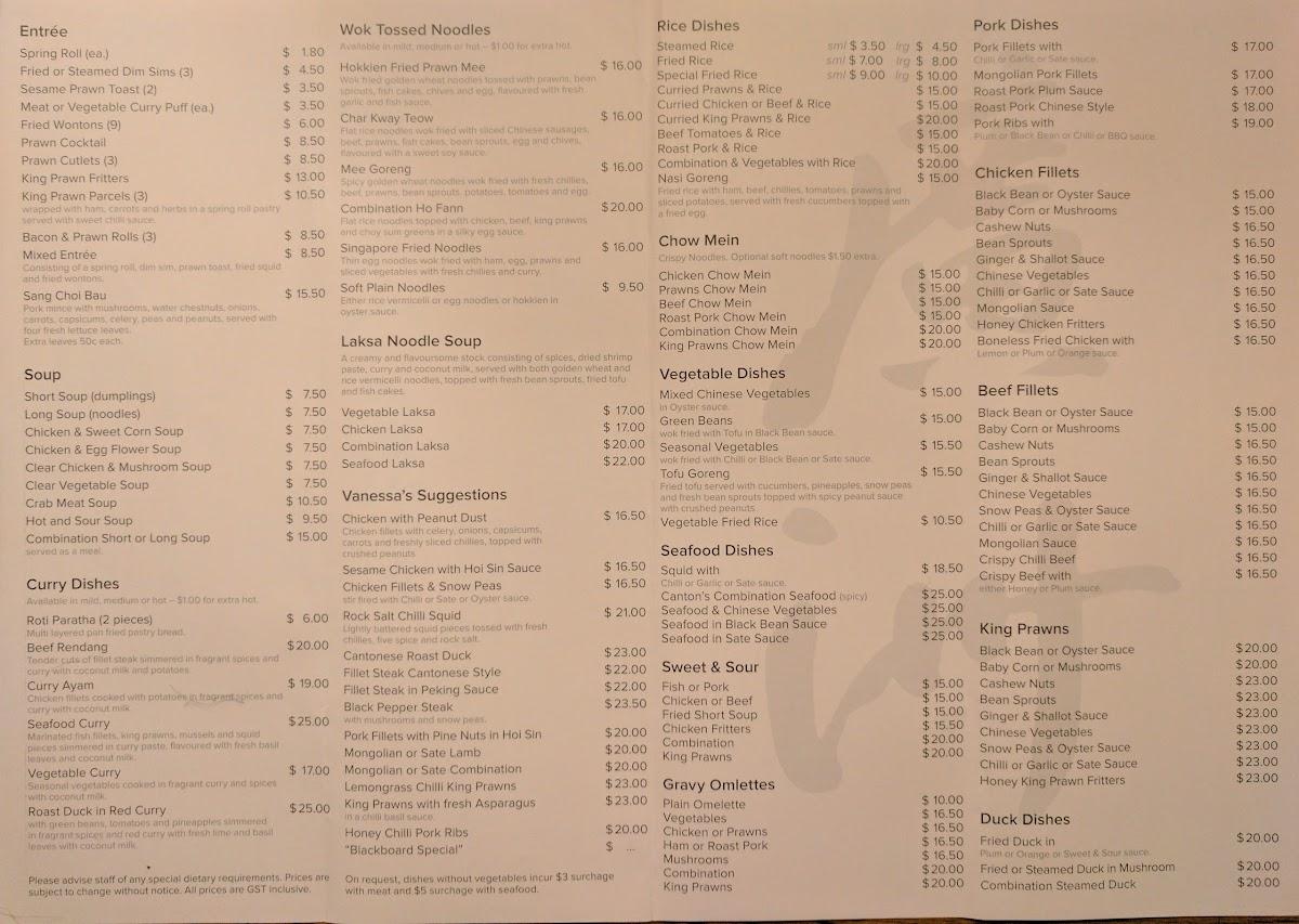 Menu at Canton Chinese Restaurant, Queanbeyan