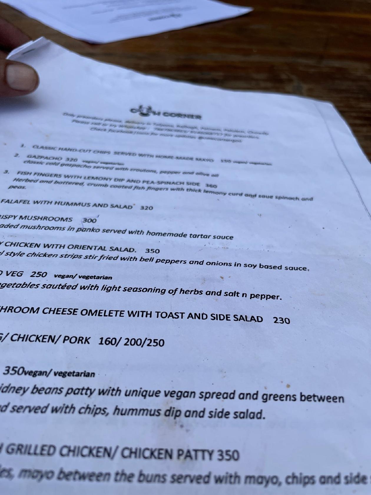 Cow Corner menu