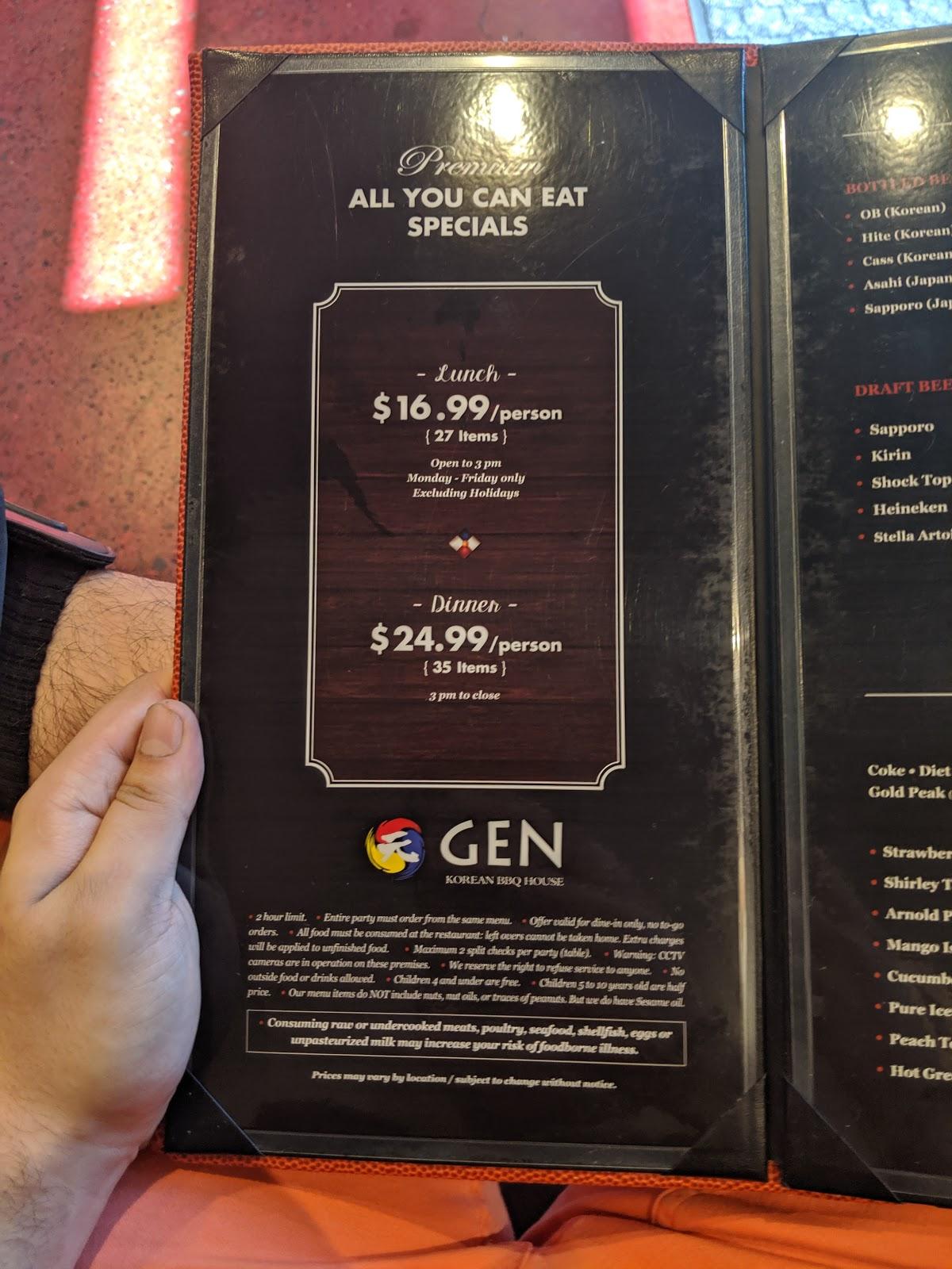 Menu at Gen Korean BBQ House, Sacramento