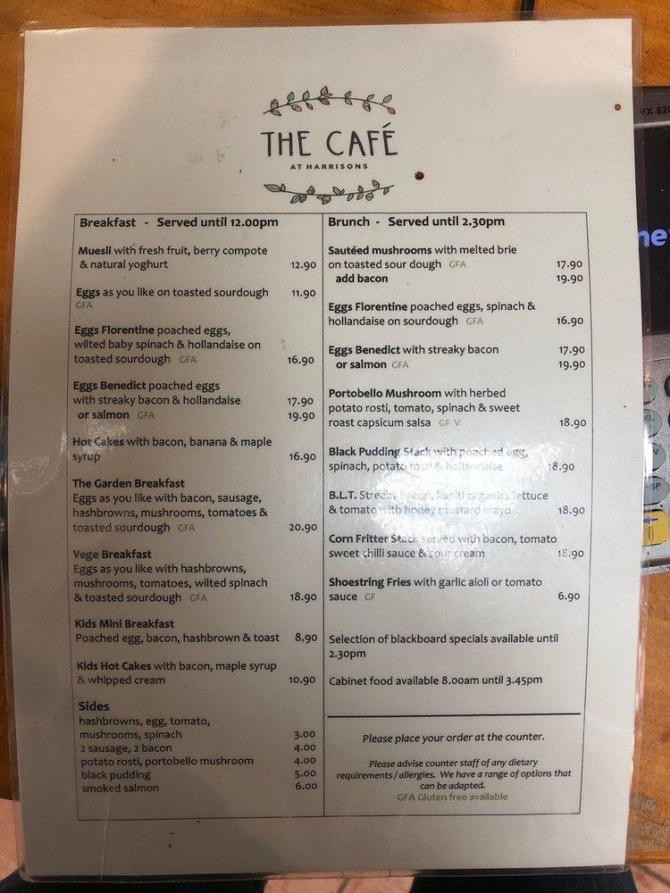 Carta de The Cafe At Harrisons Garden Centre, Waikanae
