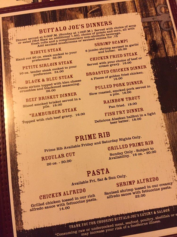 Menu at Buffalo Joe's Eatery & Saloon steakhouse, Dupuyer