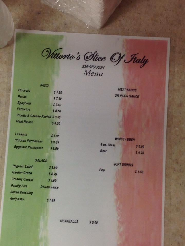 Menu at Vittorio's Trattoria pizzeria, Windsor